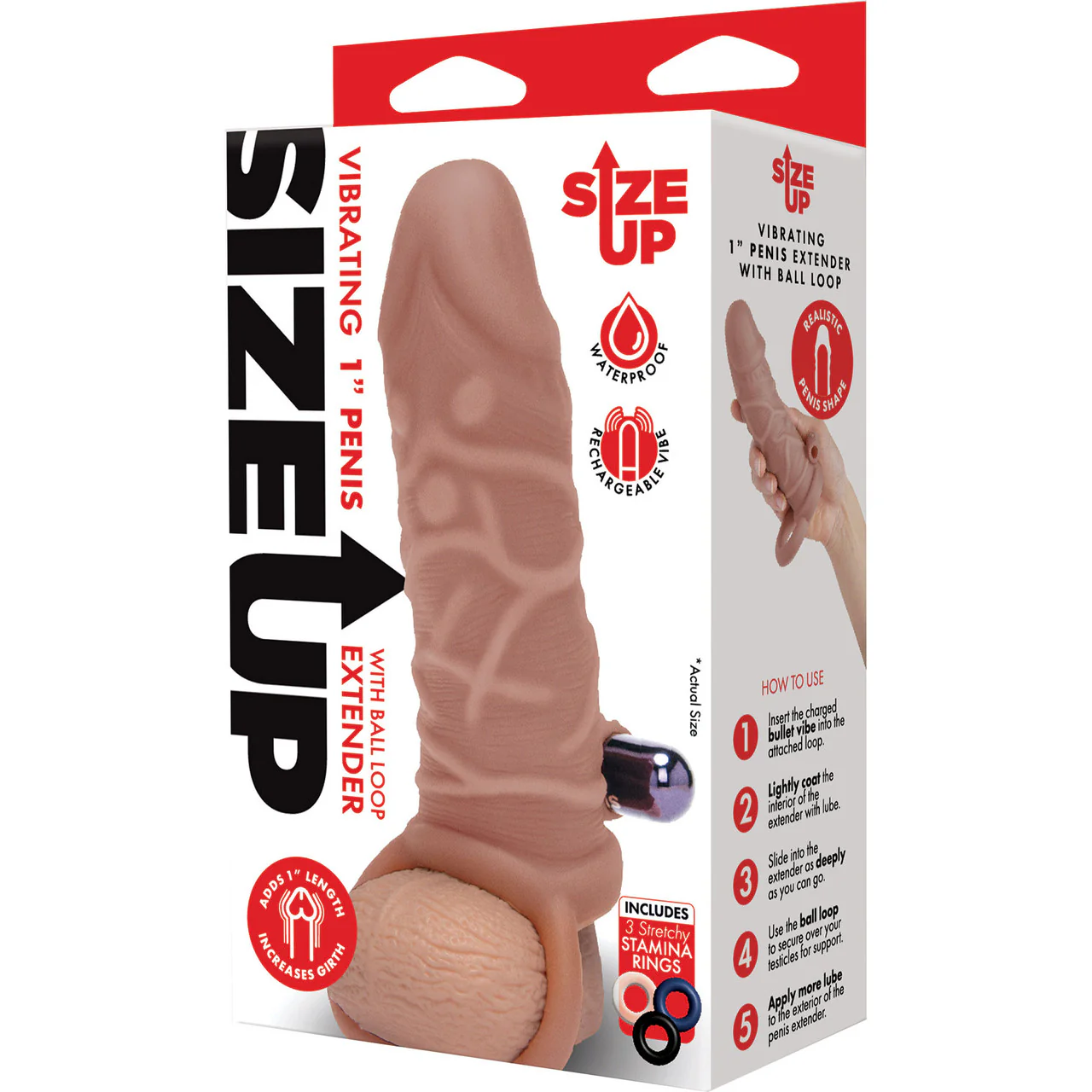 Size Up Silicone Vibrating 1 Inch Realistic Penis Extender With Ball Loop - Caramel - Image 2