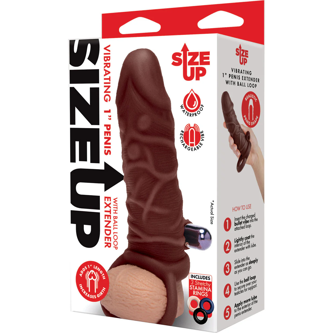 Size Up Silicone Vibrating 1 Inch Realistic Penis Extender With Ball Loop - Chocolate - Image 2