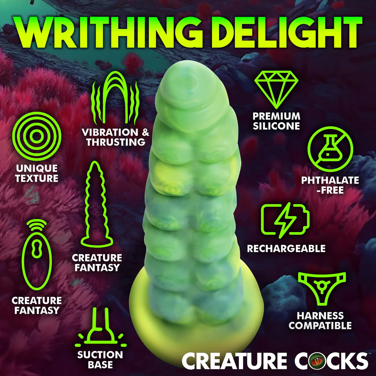 Squirmer Rechargeable Thrusting & Vibrating Silicone Suction Cup Dildo With Remote By Creature Cocks - Image 12