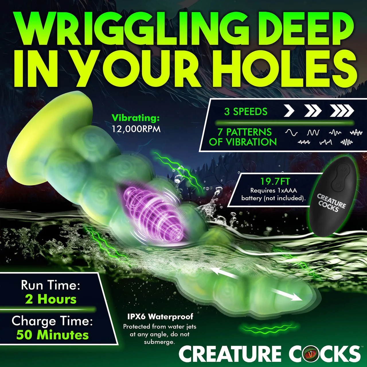 Squirmer Rechargeable Thrusting & Vibrating Silicone Suction Cup Dildo With Remote By Creature Cocks - Image 13
