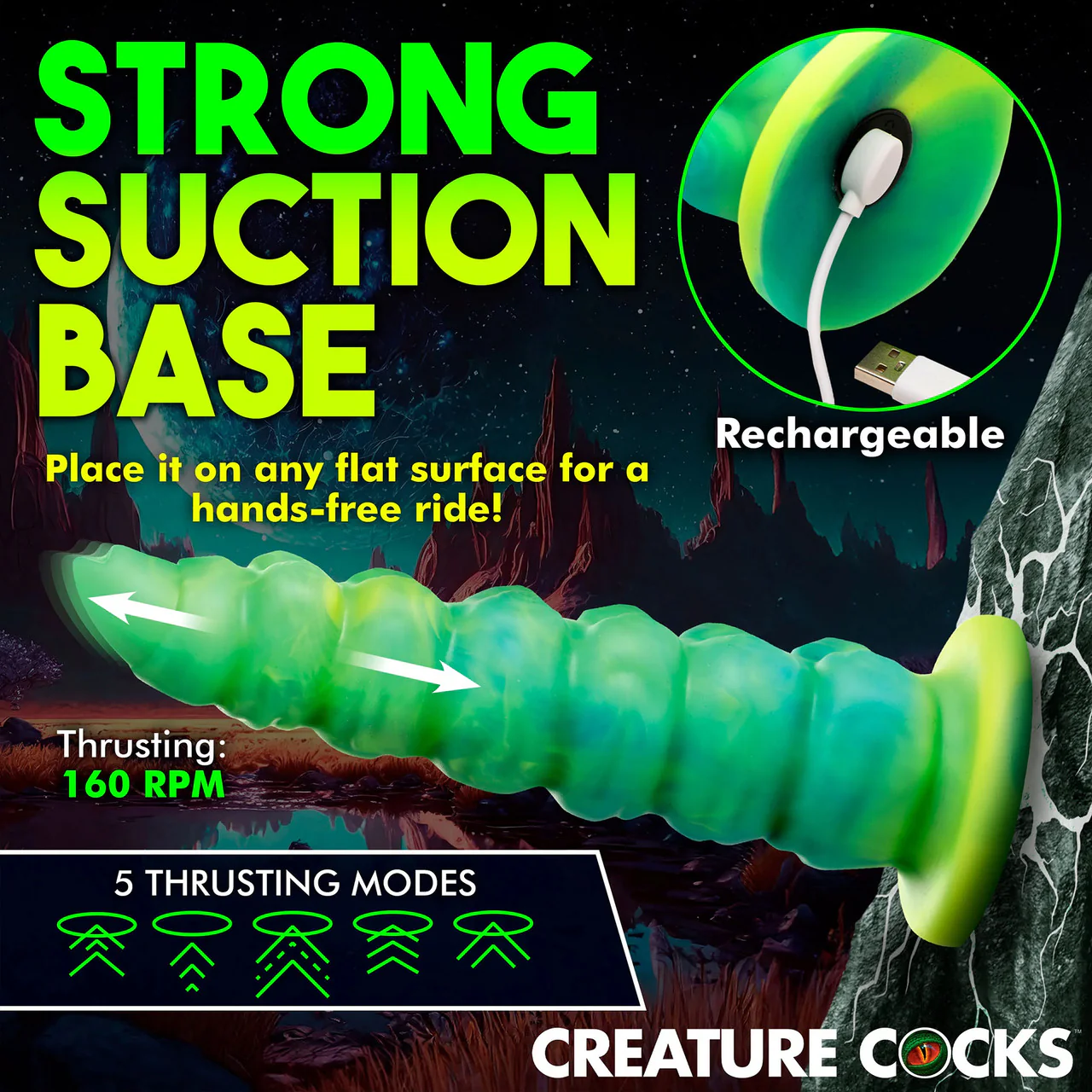 Squirmer Rechargeable Thrusting & Vibrating Silicone Suction Cup Dildo With Remote By Creature Cocks - Image 14
