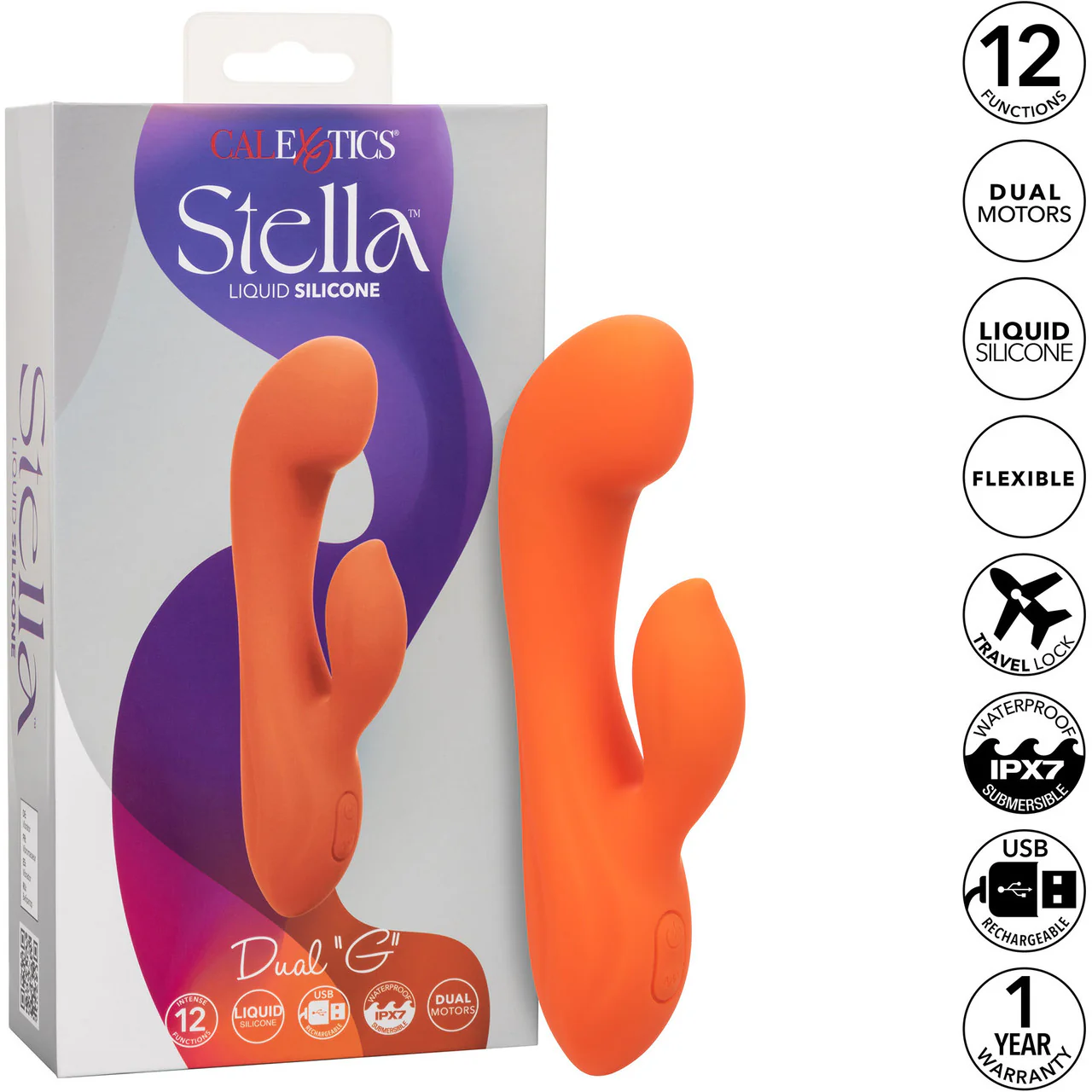 Stella Liquid Silicone Dual "G" Rechargeable Dual Stimulation Vibrator By CalExotics - Orange - Image 10