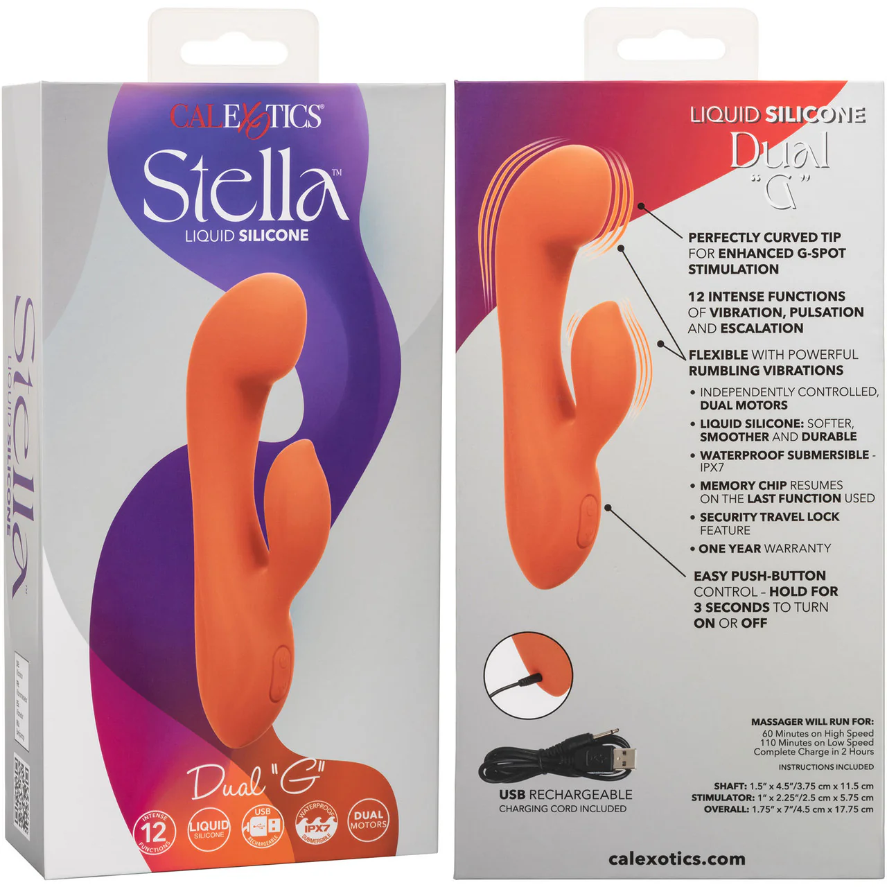 Stella Liquid Silicone Dual "G" Rechargeable Dual Stimulation Vibrator By CalExotics - Orange - Image 11
