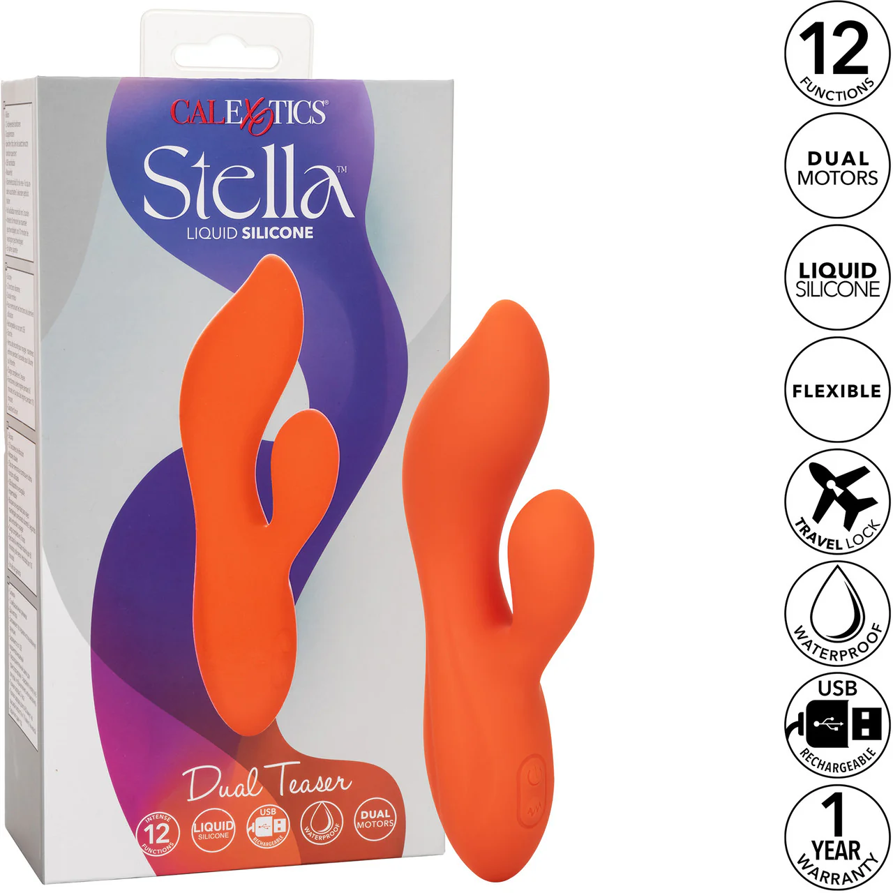 Stella Liquid Silicone Dual Teaser Rechargeable Waterproof Rabbit Style Vibrator By CalExotics - Orange - Image 10