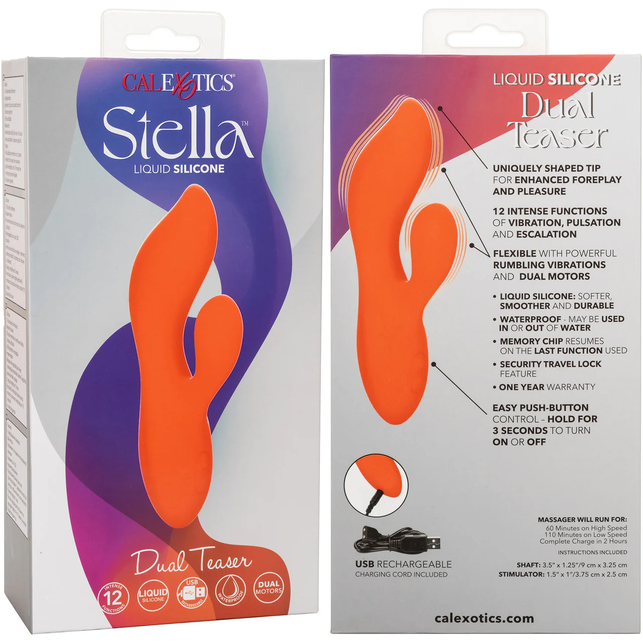 Stella Liquid Silicone Dual Teaser Rechargeable Waterproof Rabbit Style Vibrator By CalExotics - Orange - Image 11
