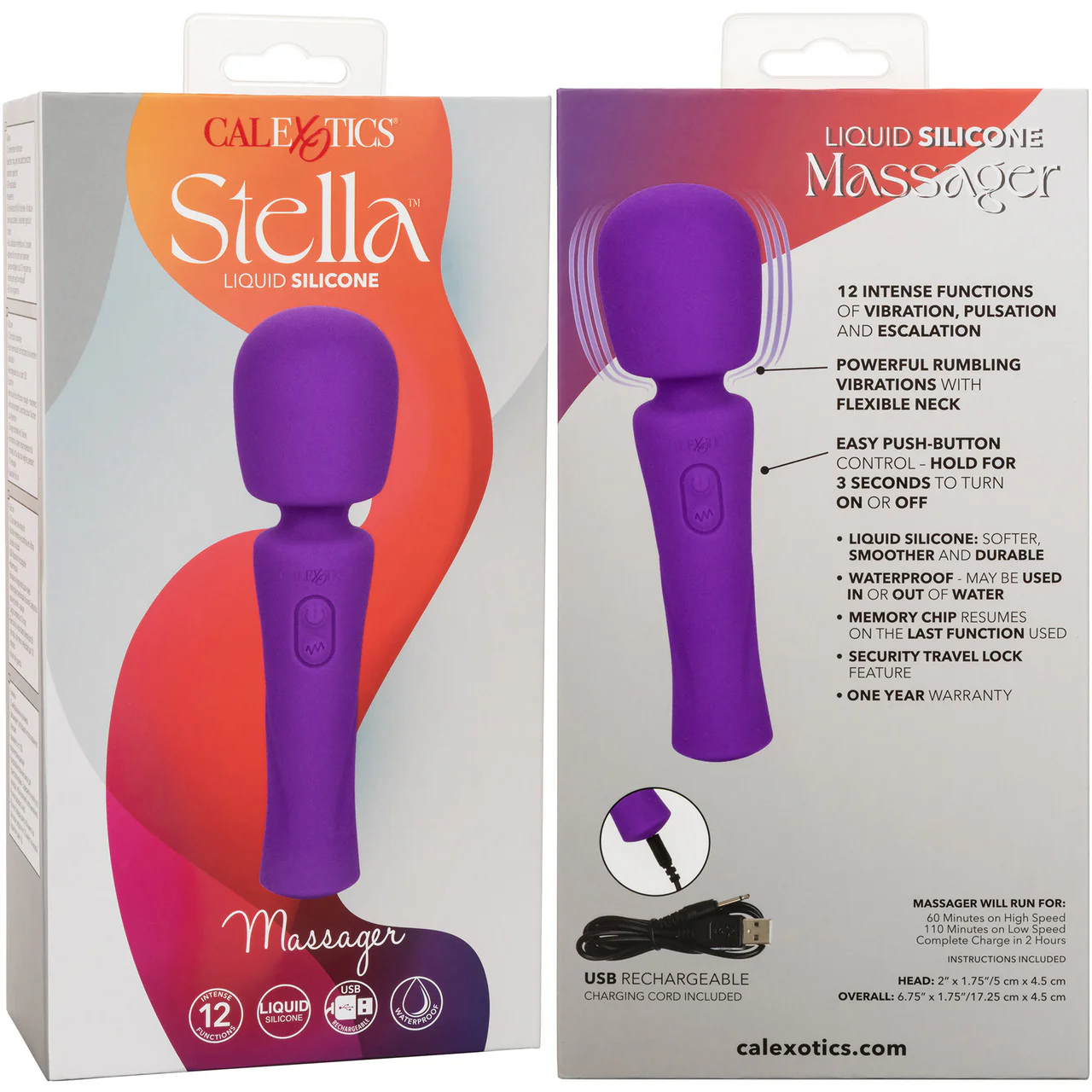 Stella Liquid Silicone Massager Rechargeable Wand Style Vibrator By CalExotics - Purple - Image 11