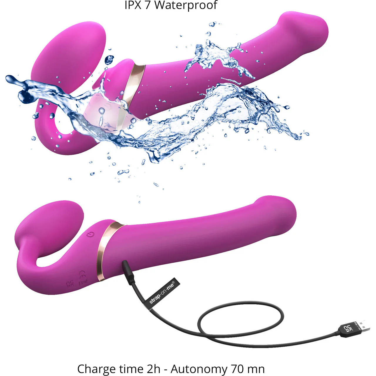 Strap-on-Me Multi Orgasm Silicone Vibrating 3 Motor Remote Strapless Strap-On, Small - Fuchsia - Image 3