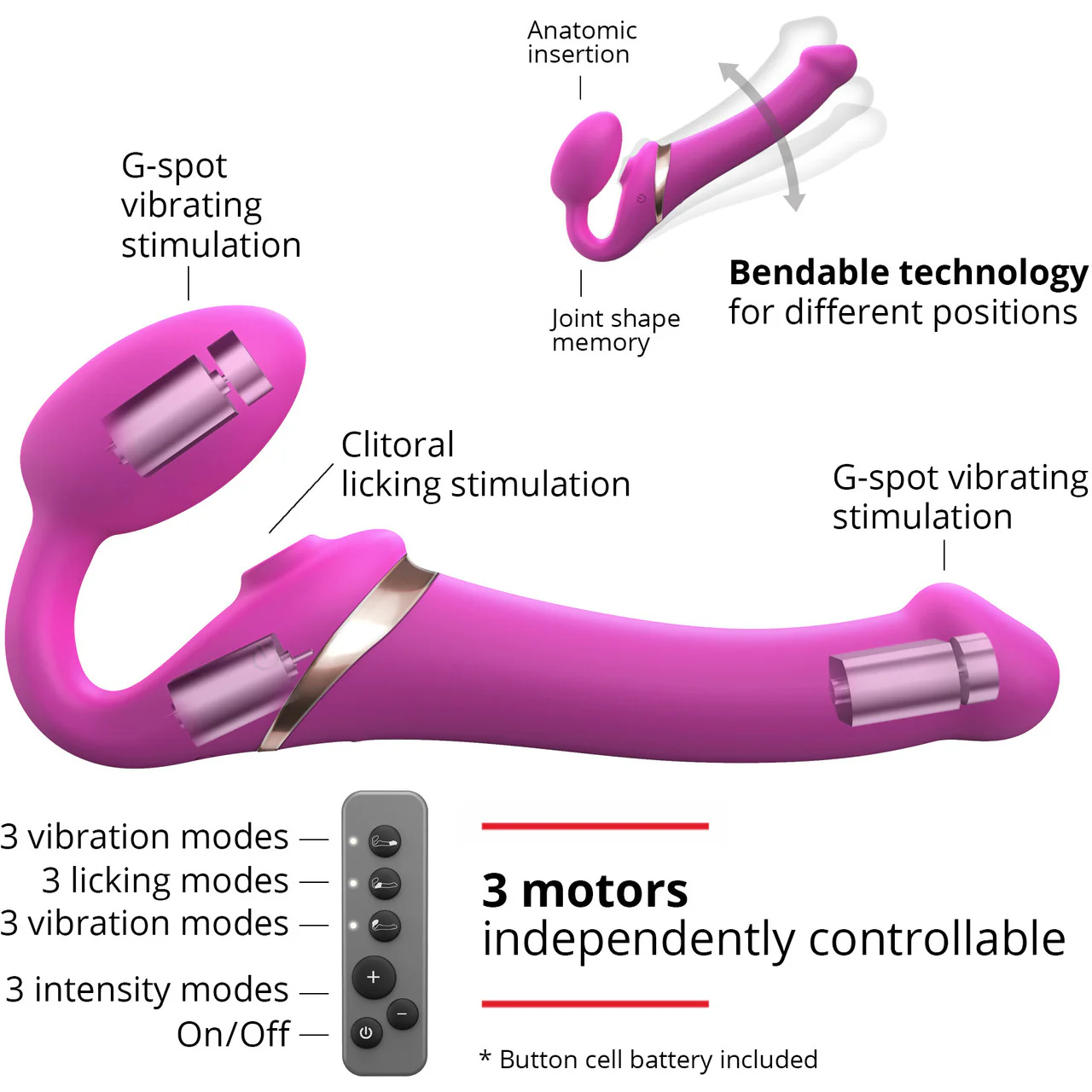 Strap-on-Me Multi Orgasm Silicone Vibrating 3 Motor Remote Strapless Strap-On, Small - Fuchsia - Image 4