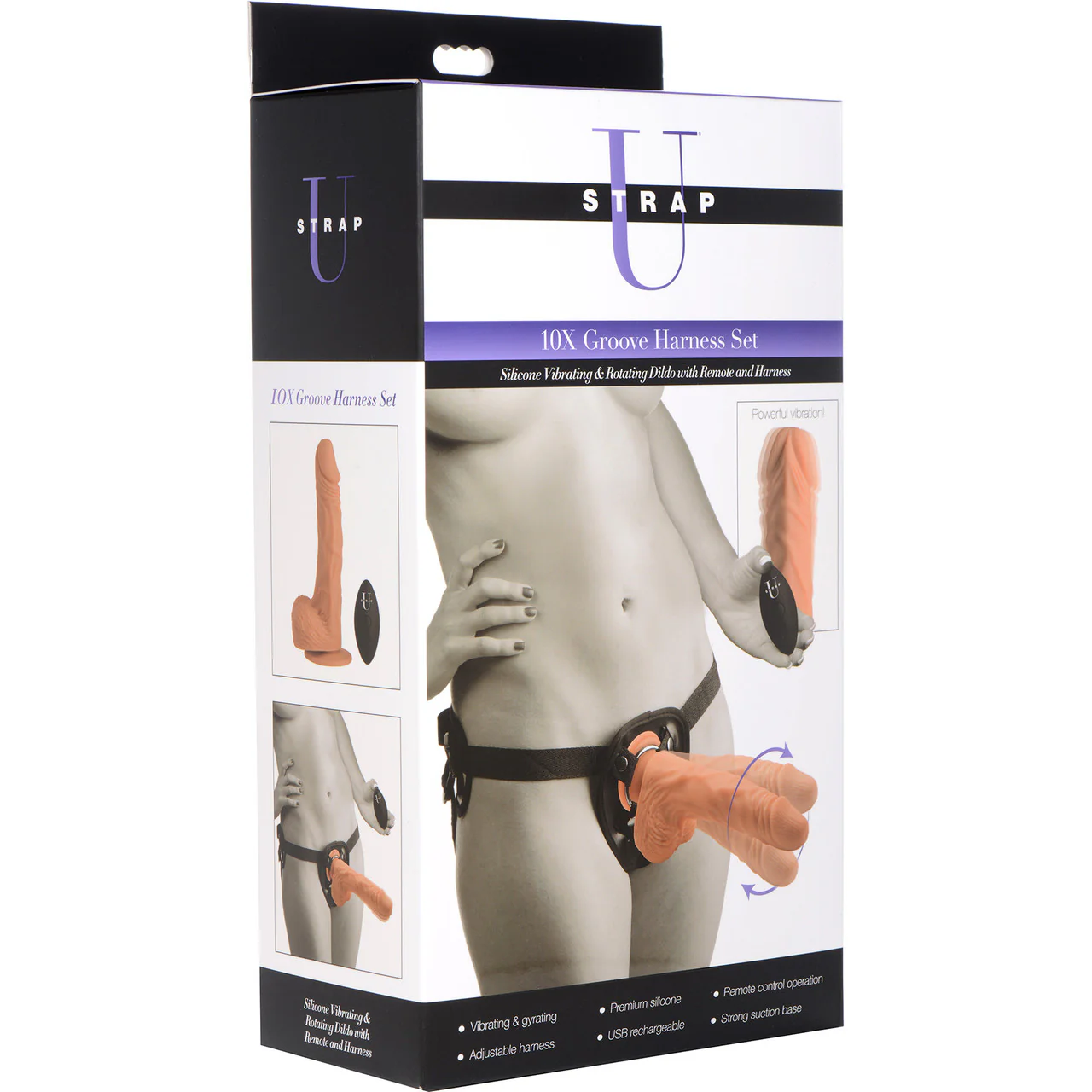Strap U Groove Harness Set Silicone Vibrating & Rotating Dildo With Harness & Remote - Vanilla - Image 11