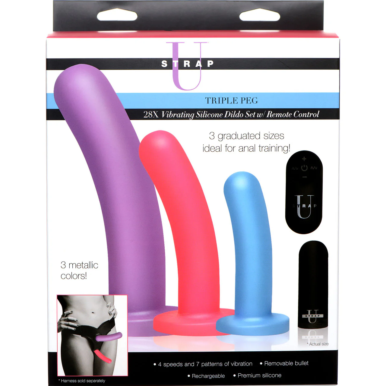 Strap U Triple Peg 28X Vibrating Rechargeable 5 Piece Silicone Dildo Set With Remote - Image 10