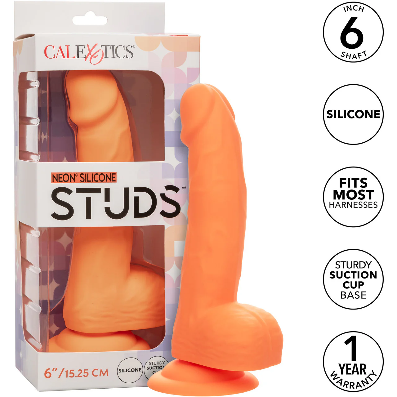 Neon Silicone Studs 6" Realistic Suction Cup Dildo With Balls By CalExotics - Orange - Image 8