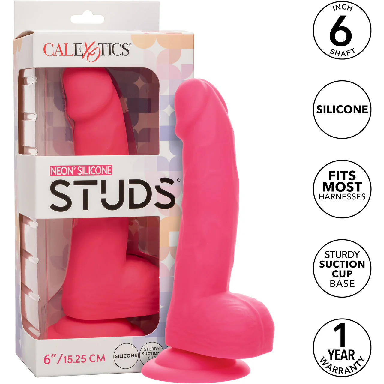Neon Silicone Studs 6" Realistic Suction Cup Dildo With Balls By CalExotics - Pink - Image 8
