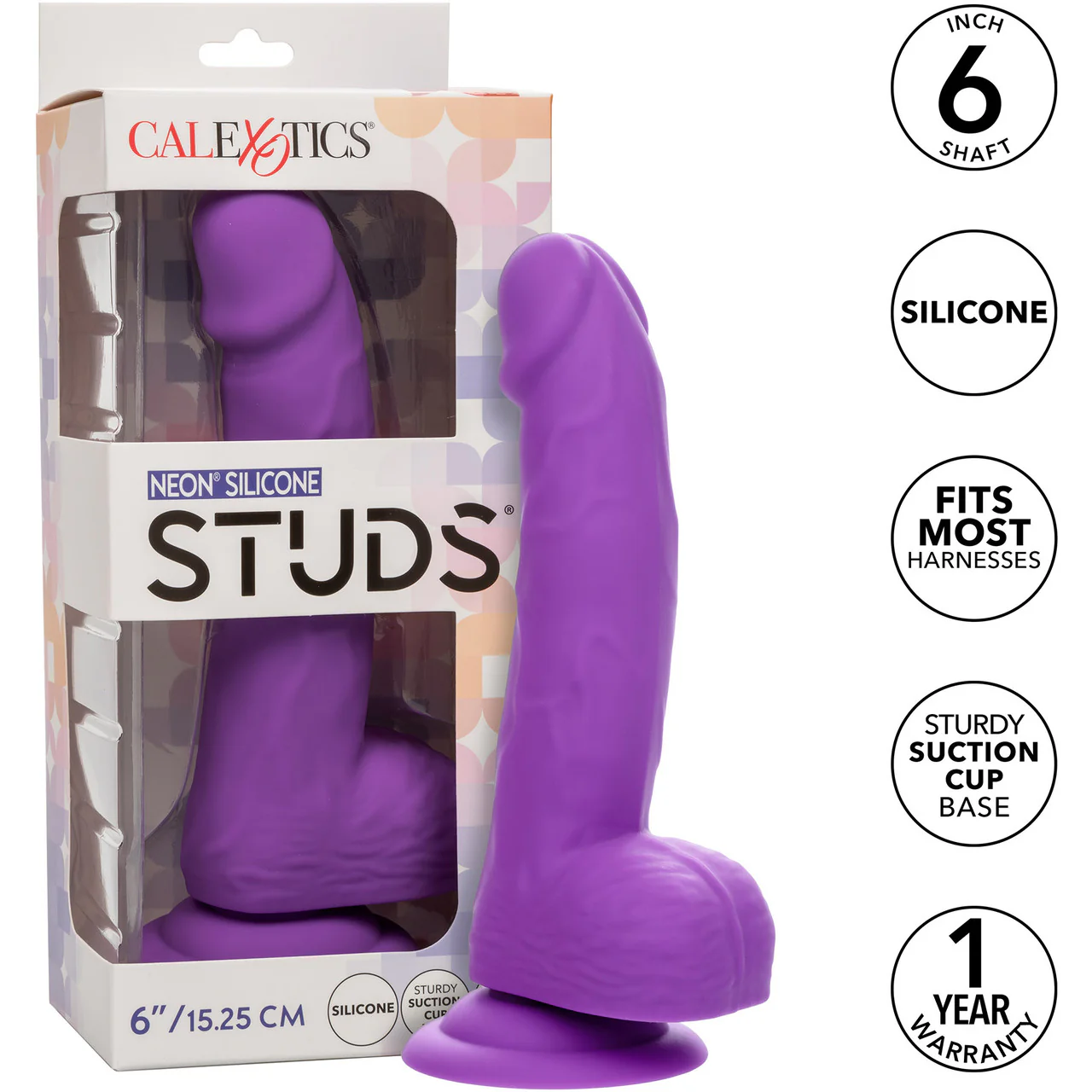 Neon Silicone Studs 6" Realistic Suction Cup Dildo With Balls By CalExotics - Purple - Image 8