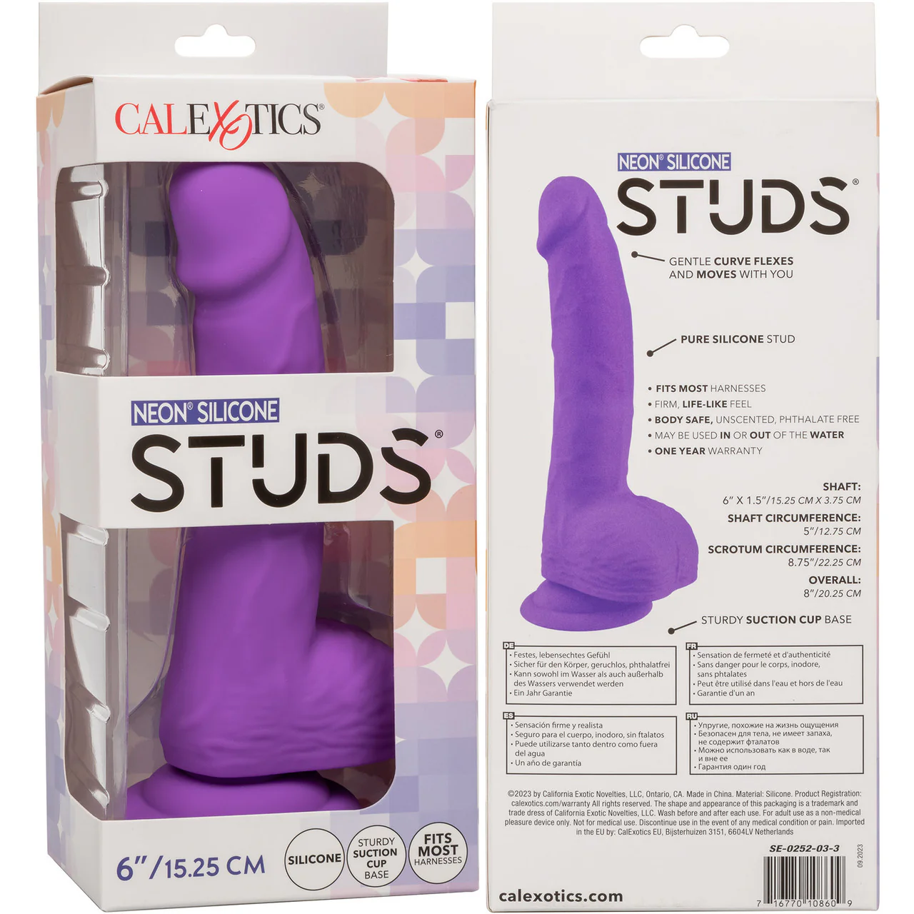 Neon Silicone Studs 6" Realistic Suction Cup Dildo With Balls By CalExotics - Purple - Image 9