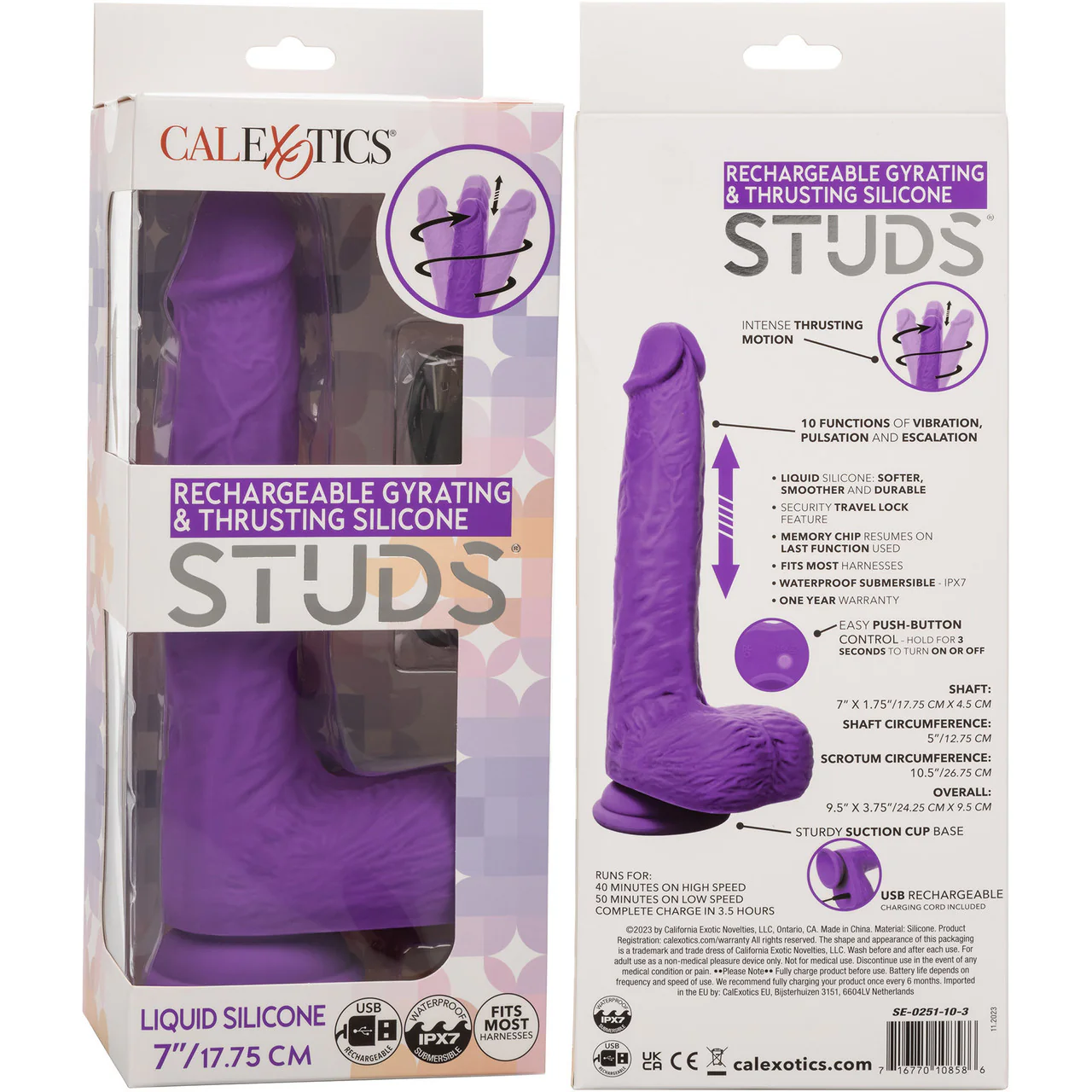 Studs 7" Rechargeable Gyrating & Thrusting Silicone Suction Cup Dildo With Balls By CalExotics - Purple - Image 10