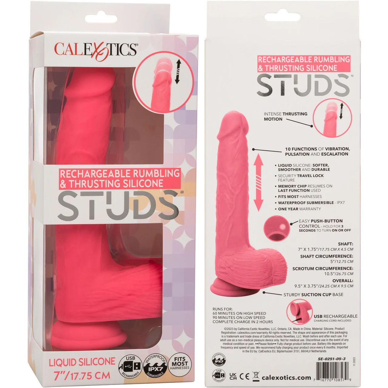 Studs 7" Rechargeable Rumbling & Thrusting Silicone Suction Cup Dildo With Balls By CalExotics - Pink - Image 10