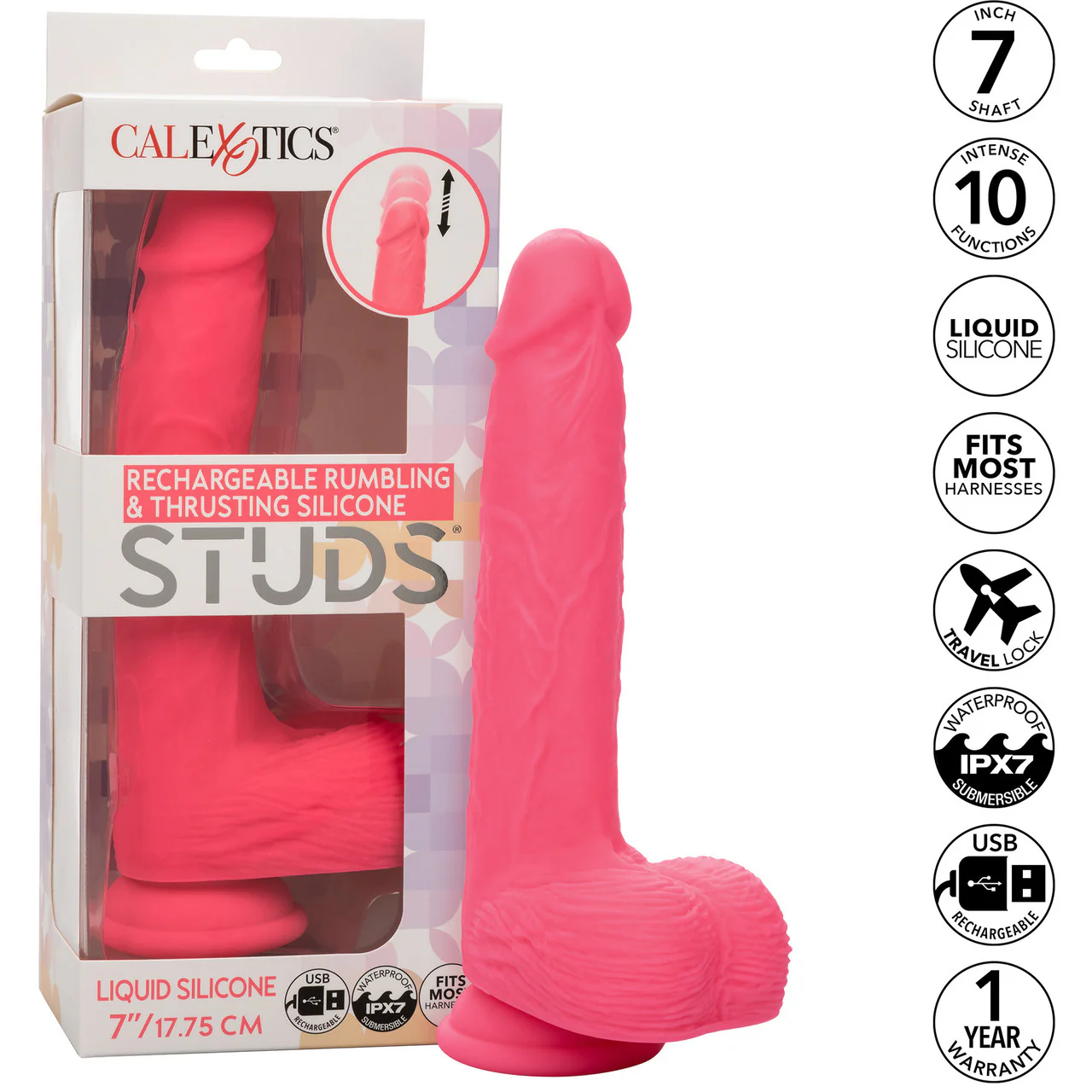 Studs 7" Rechargeable Rumbling & Thrusting Silicone Suction Cup Dildo With Balls By CalExotics - Pink - Image 9