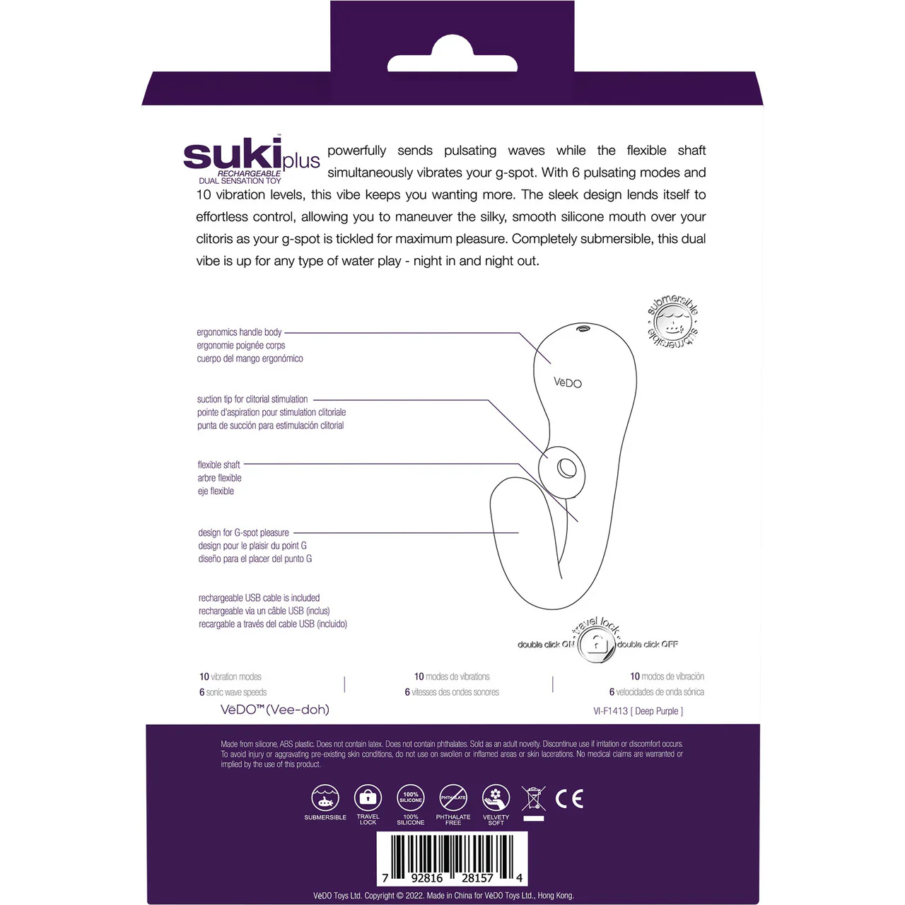 SUKI Plus Rechargeable Silicone Dual Stimulation Vibrator With Clitoral Pulsator By VeDO - Deep Purple - Image 5