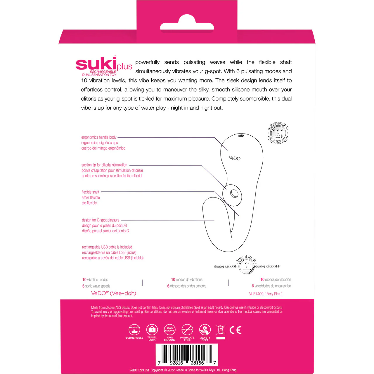 SUKI Plus Rechargeable Silicone Dual Stimulation Vibrator With Clitoral Pulsator By VeDO - Foxy Pink - Image 5