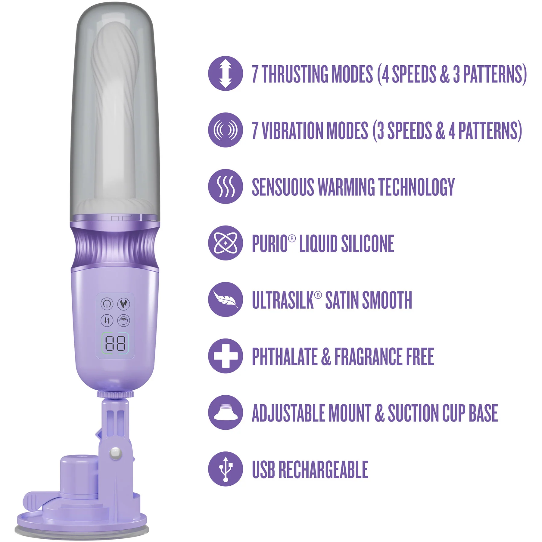 Temptasia Violet Vixen Warming & Thrusting Silicone Vibrating Dildo With Suction Cup Mount - Image 12