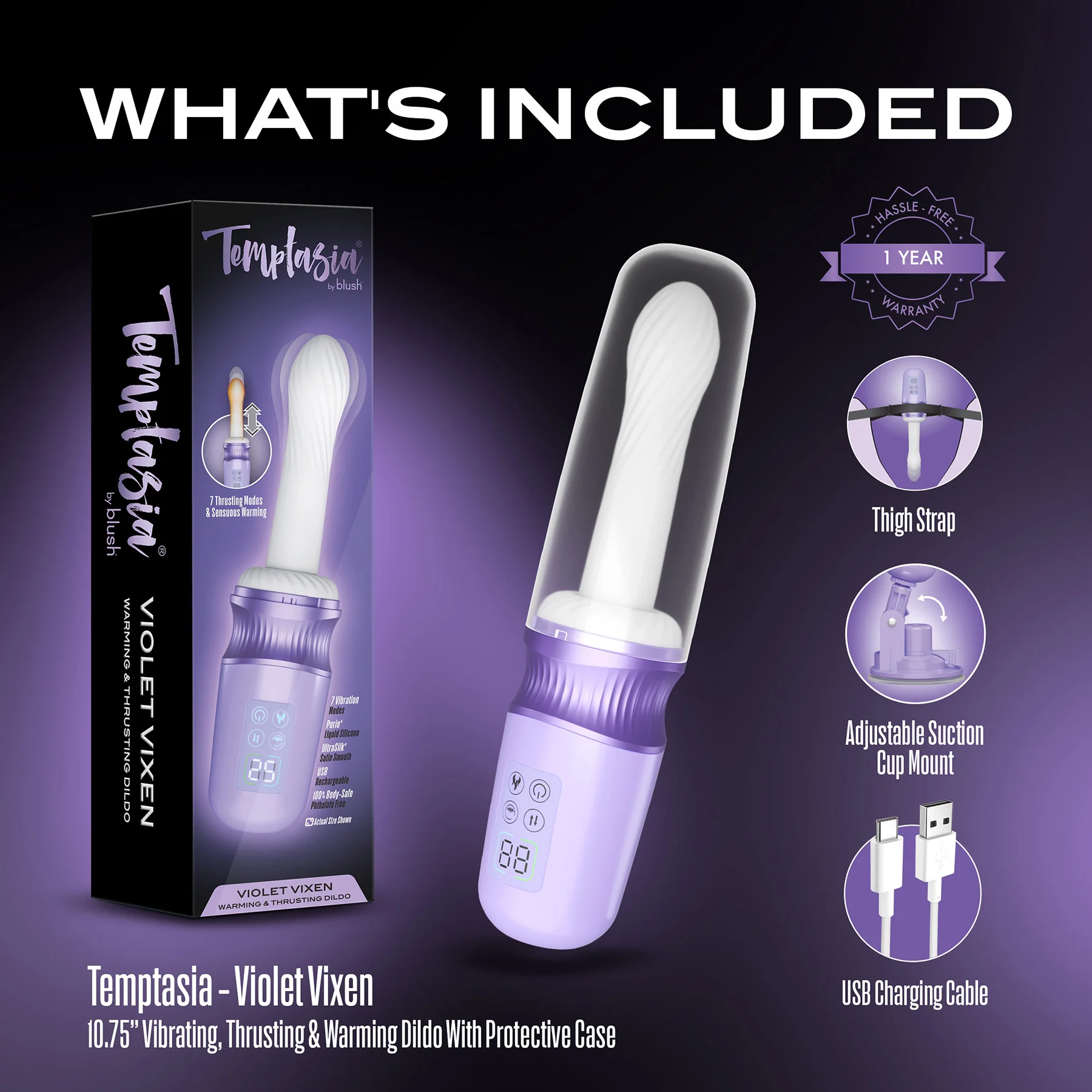 Temptasia Violet Vixen Warming & Thrusting Silicone Vibrating Dildo With Suction Cup Mount - Image 9