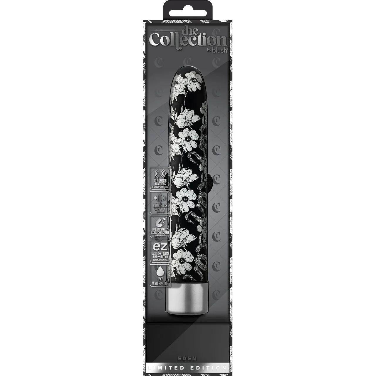 The Collection Eden Limited Edition Rechargeable Waterproof Slimline Vibrator By Blush - Black & White - Image 11