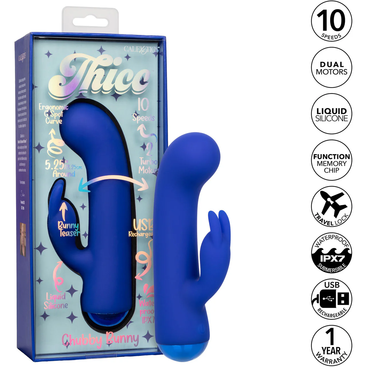 Thicc™ Chubby Bunny Rechargeable Waterproof Silicone Rabbit Vibrator By CalExotics - Blue - Image 11
