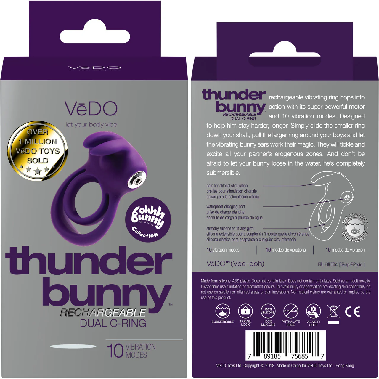 Thunder Bunny Rechargeable Silicone Dual Cock Ring By VeDO - Deep Purple - Image 4