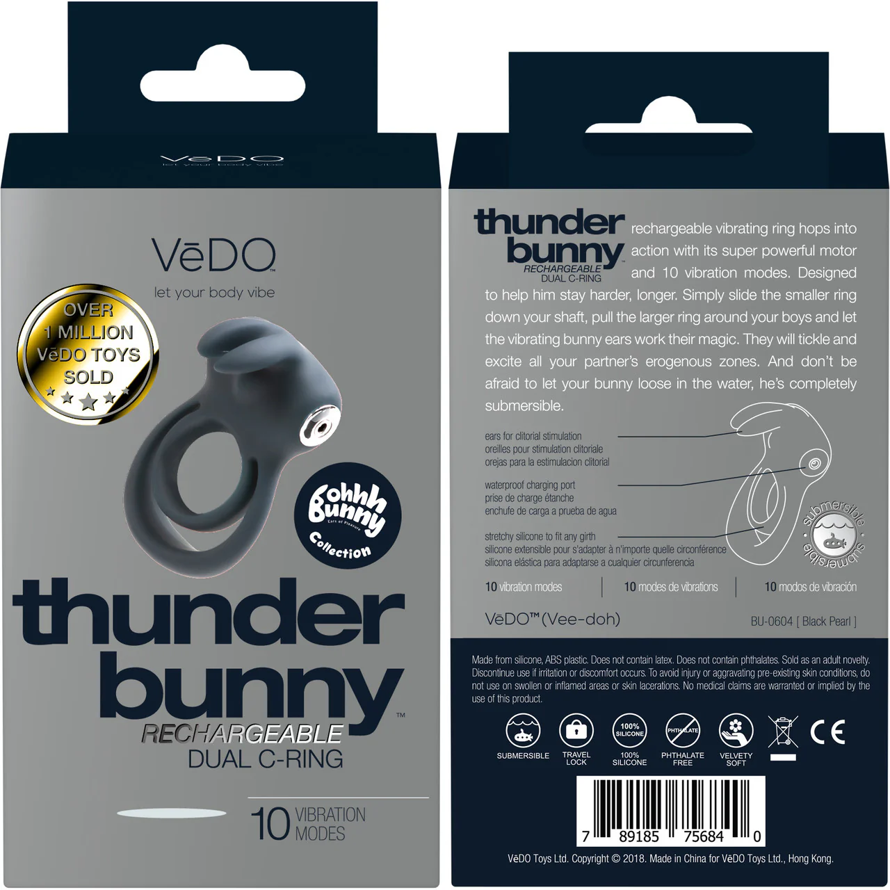 Thunder Bunny Rechargeable Silicone Dual Cock Ring By VeDO - Just Black - Image 4