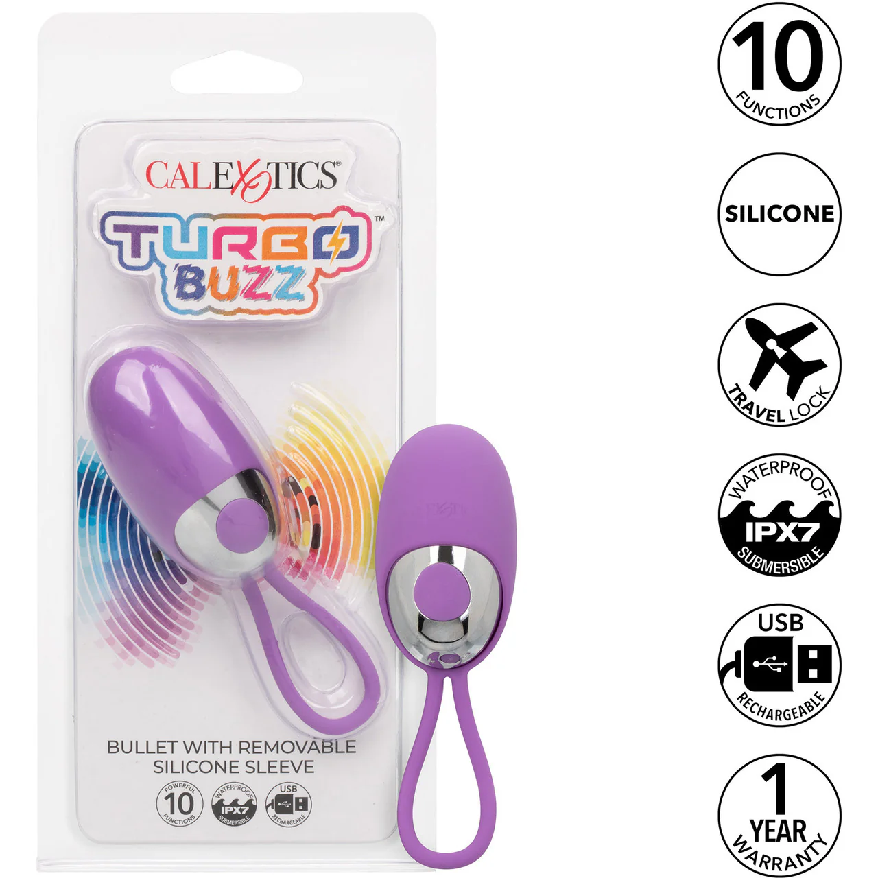 Turbo Buzz Bullet With Removable Silicone Sleeve - Rechargeable Vibrator By CalExotics - Purple - Image 10
