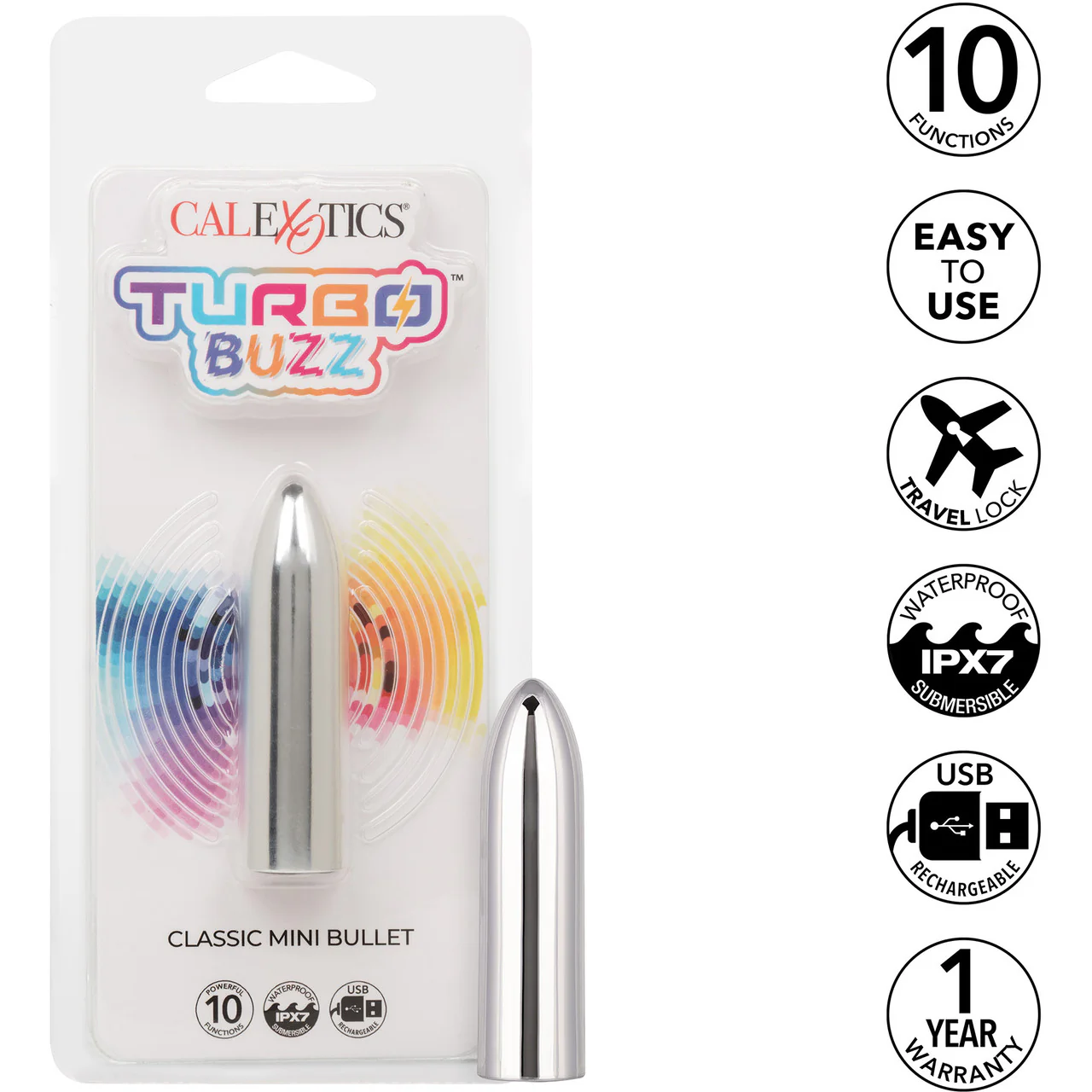 Turbo Buzz Classic Mini Bullet Rechargeable Waterproof Vibrator By CalExotics - Silver - Image 8