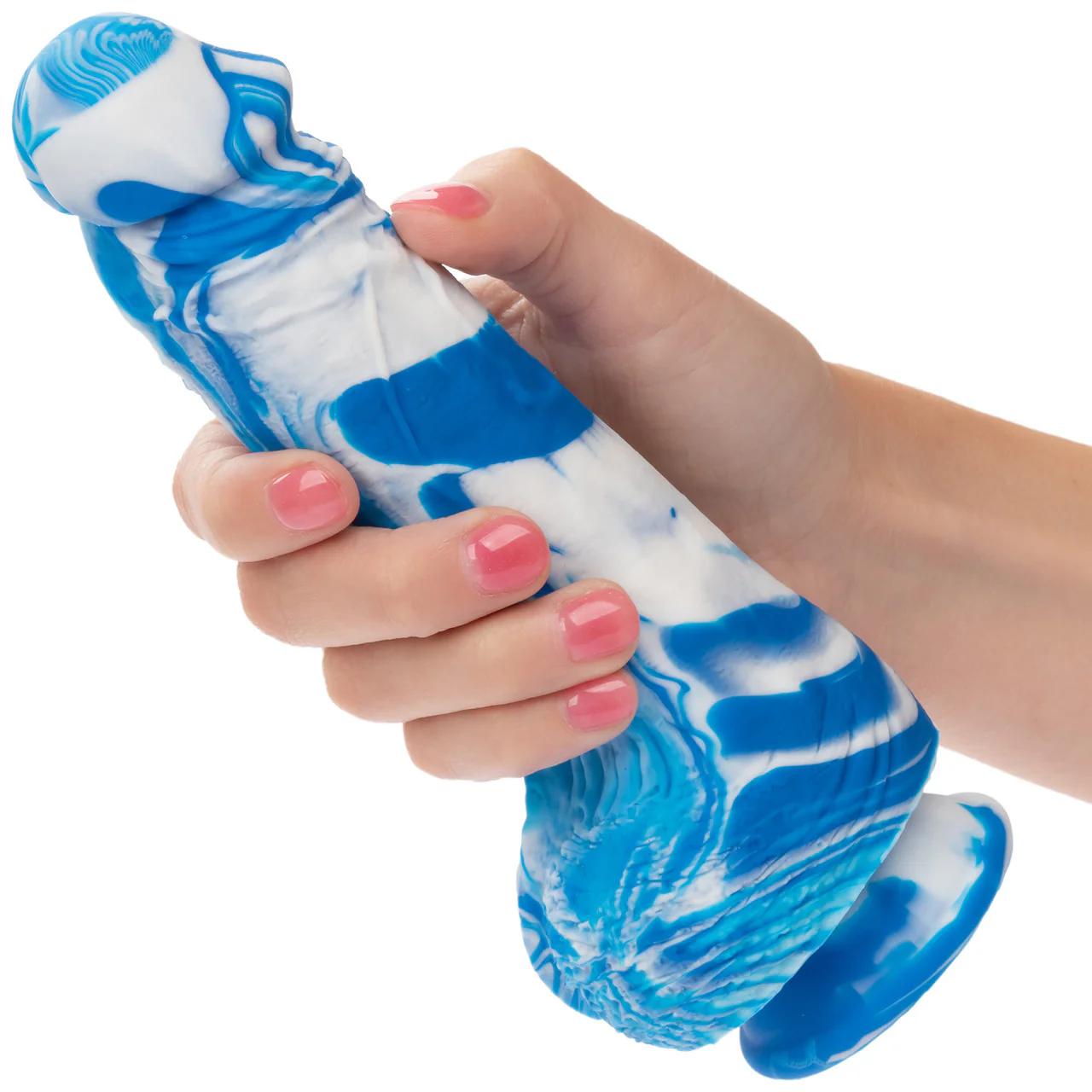 Twisted Love Twisted Dong 6" Silicone Suction Cup Dildo With Balls By CalExotics - Blue & White - Image 2