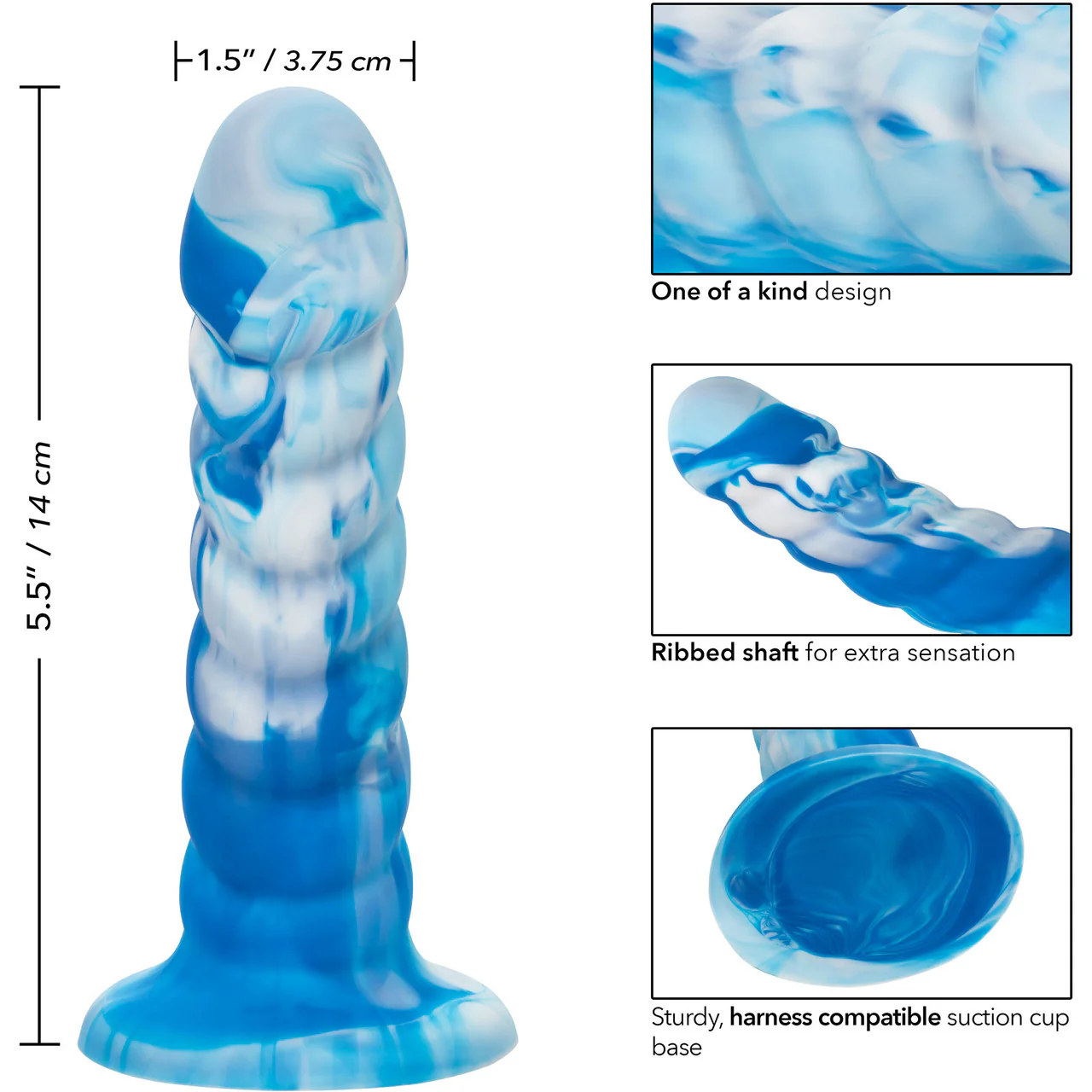 Twisted Love Twisted Ribbed Probe 5.5" Silicone Suction Cup Dildo By CalExotics - Blue & White - Image 7