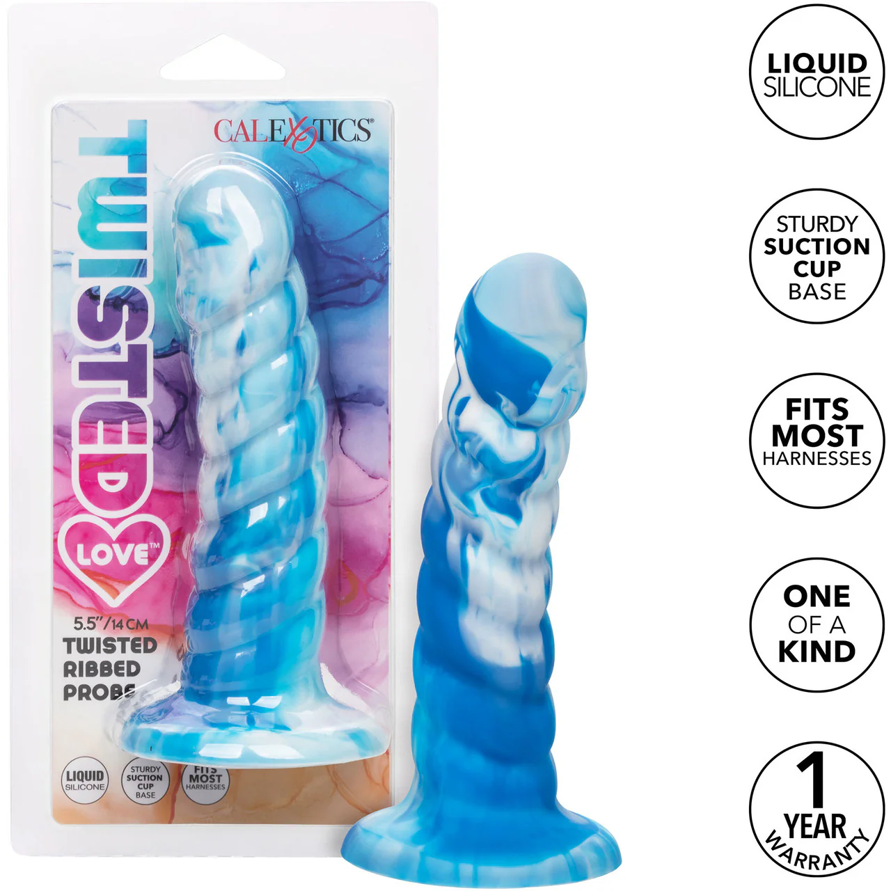 Twisted Love Twisted Ribbed Probe 5.5" Silicone Suction Cup Dildo By CalExotics - Blue & White - Image 9