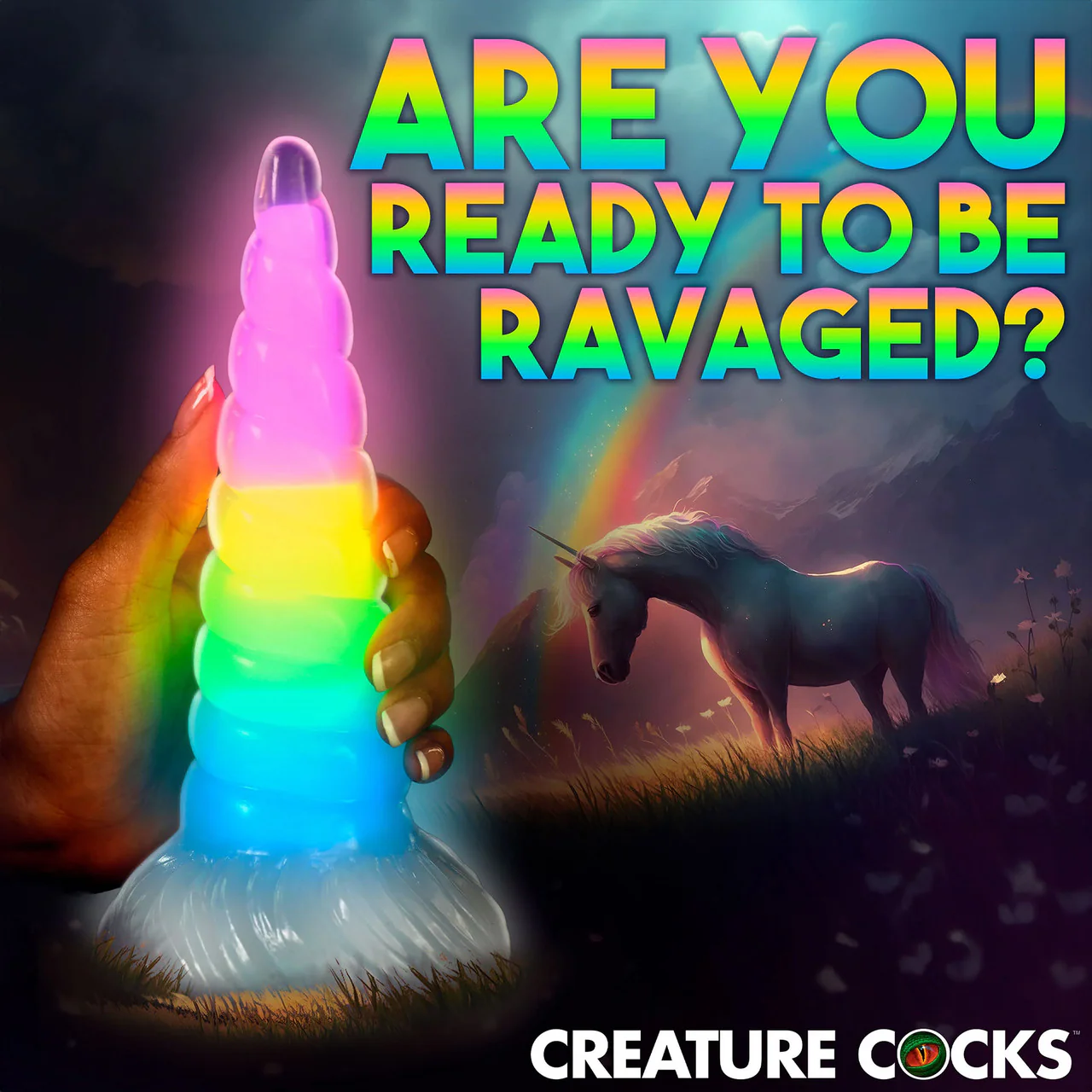 Uni-Glow 8" Glow In The Dark Rainbow Silicone Suction Cup Dildo By Creature Cocks - Image 2