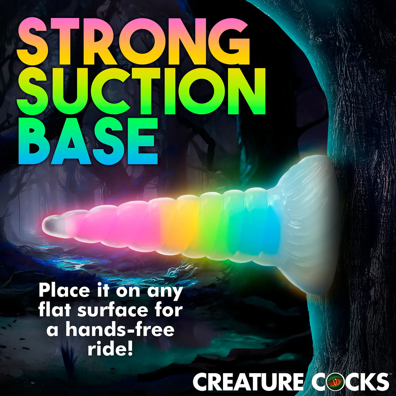 Uni-Glow 8" Glow In The Dark Rainbow Silicone Suction Cup Dildo By Creature Cocks - Image 7