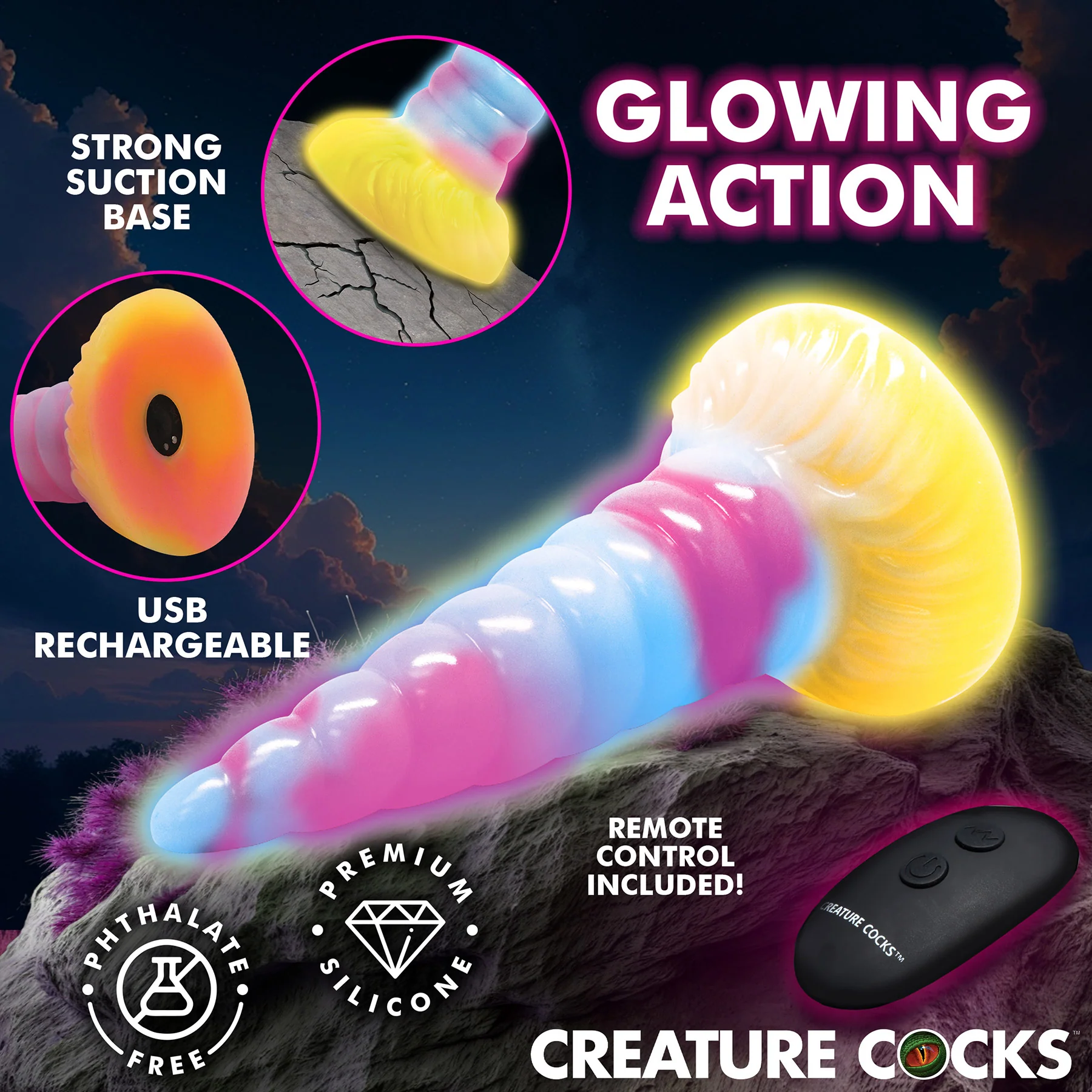 Unicorn Glow-in-the-Dark Vibrating Silicone Dildo With Remote By Creature Cocks - Image 3