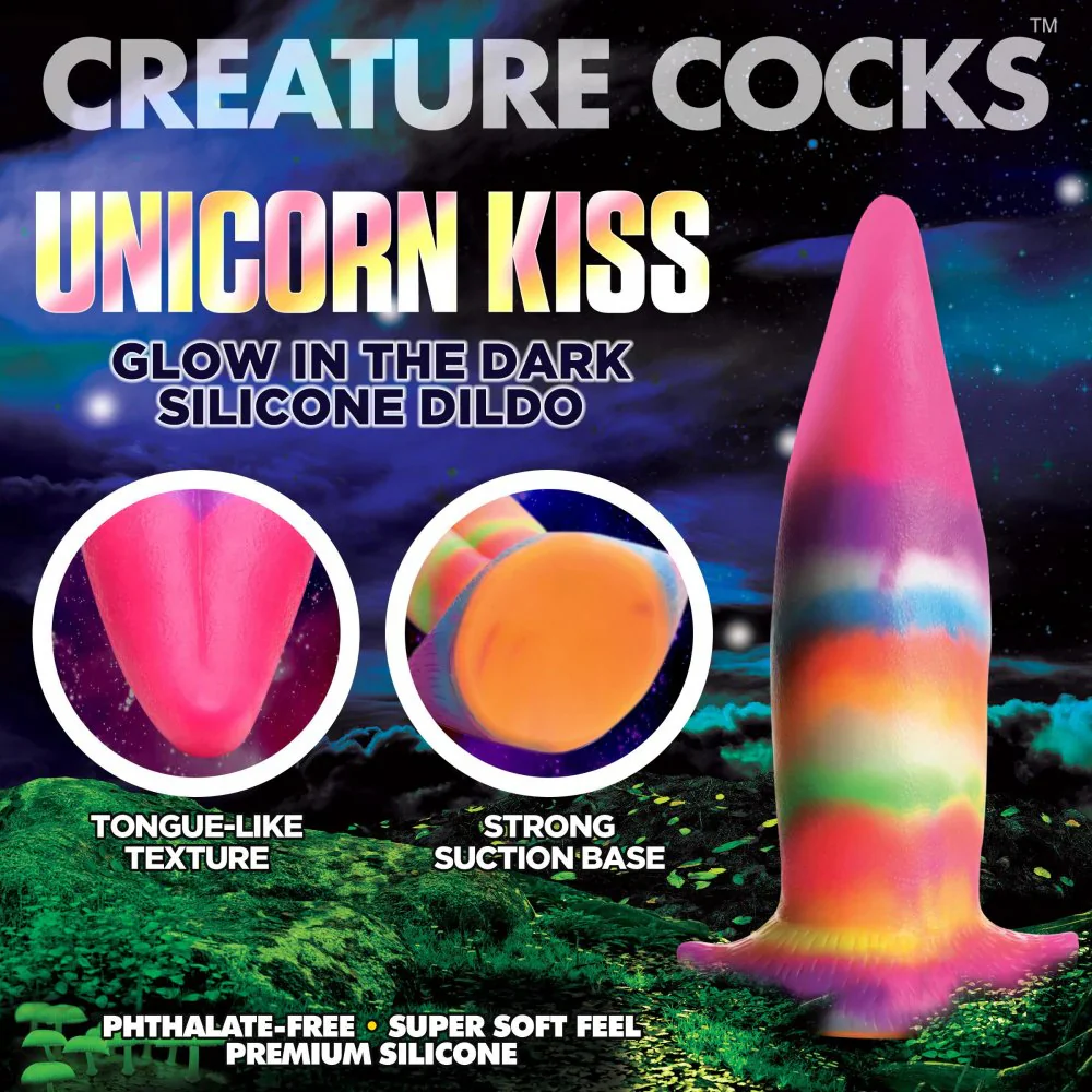 Unicorn Tongue Rainbow Glow In The Dark 7.4" Silicone Suction Cup Dildo By Creature Cocks - Image 2