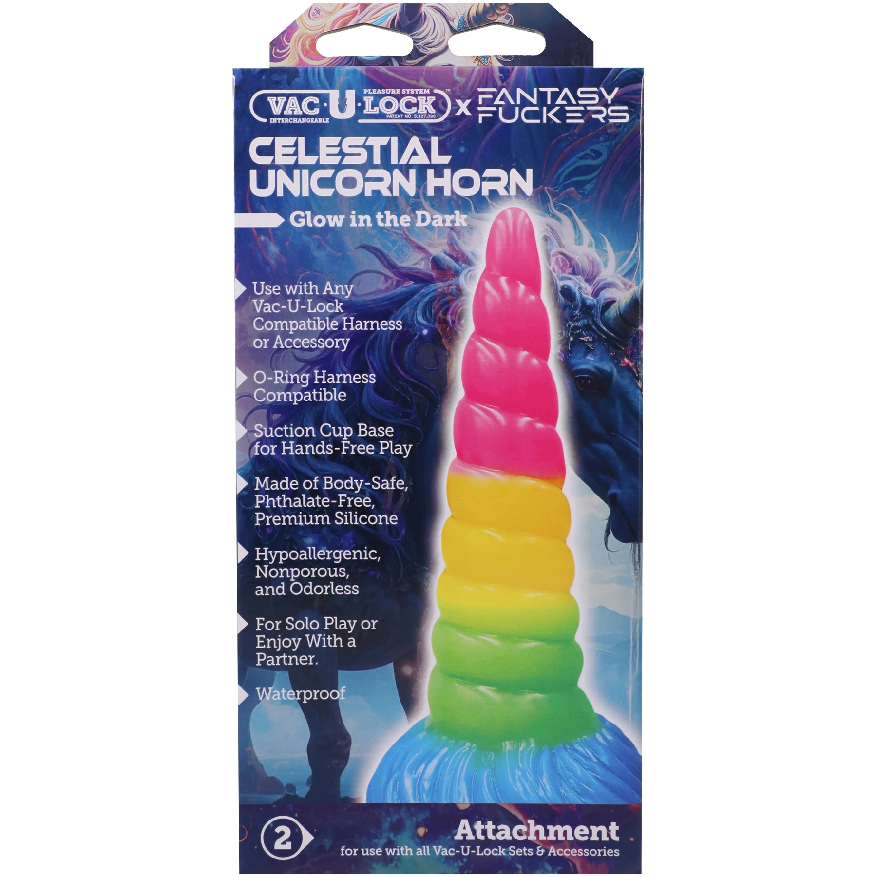 Vac-U-Lock X Fantasy Fuckers Celestial Unicorn Horn Glow-in-the-Dark 7.75" Silicone Dildo - Image 2