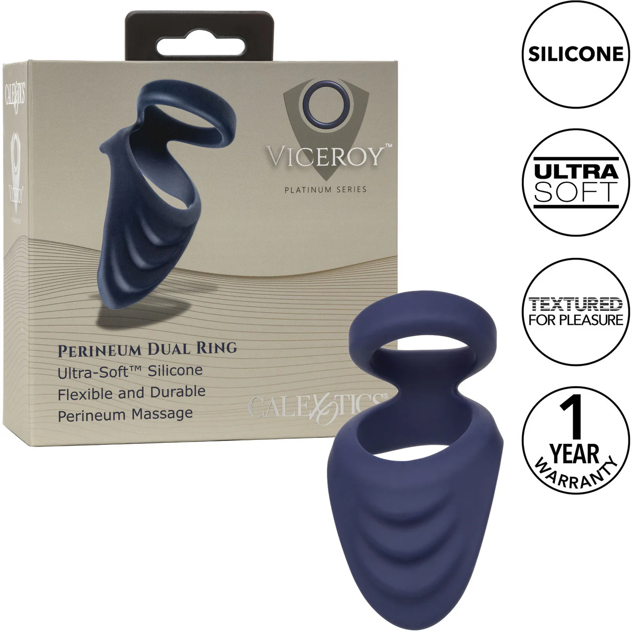 Viceroy Perineum Dual Ring Ultra-Soft Silicone Cock Ring By CalExotics - Blue - Image 12