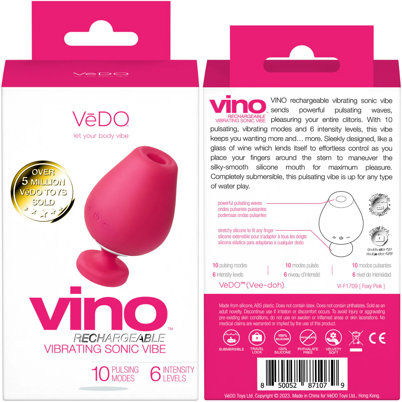 VINO Rechargeable Silicone Vibrating Sonic Clitoral Pulsator By VeDO - Foxy Pink - Image 4
