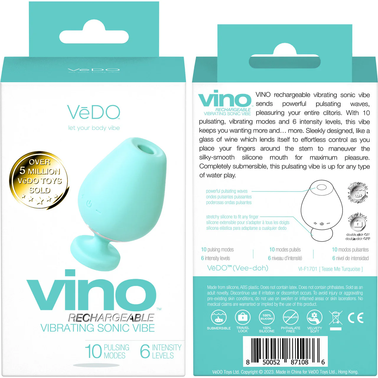 VINO Rechargeable Silicone Vibrating Sonic Clitoral Pulsator By VeDO - Tease Me Turquoise - Image 4