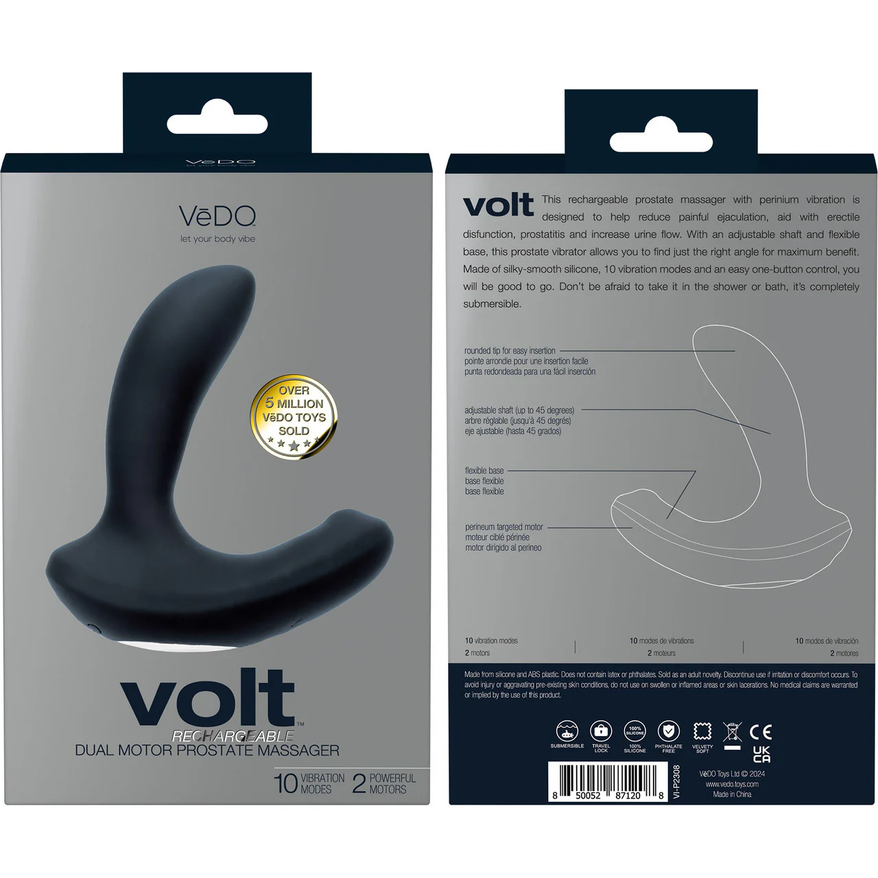 VOLT Rechargeable Silicone Vibrating Dual Motor Prostate & Perineum Massager By VeDO - Black - Image 4