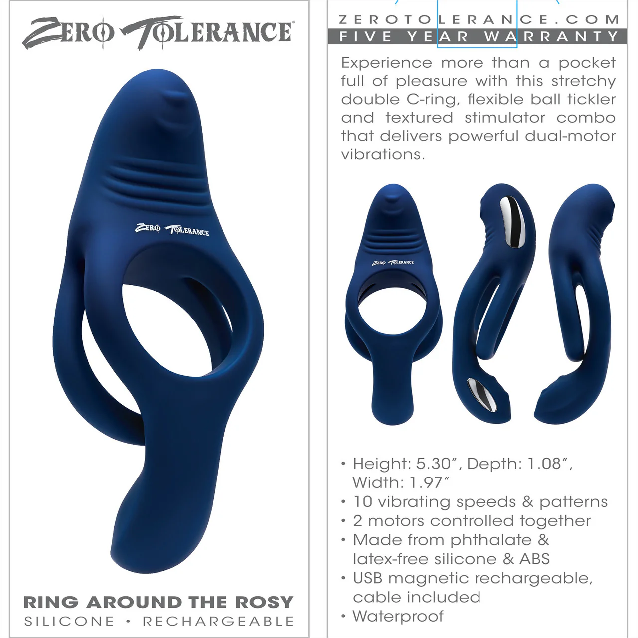 Zero Tolerance Ring Around The Rosy Silicone Vibrating Double Cock Ring & Ball Stimulator - Blue - Image 11